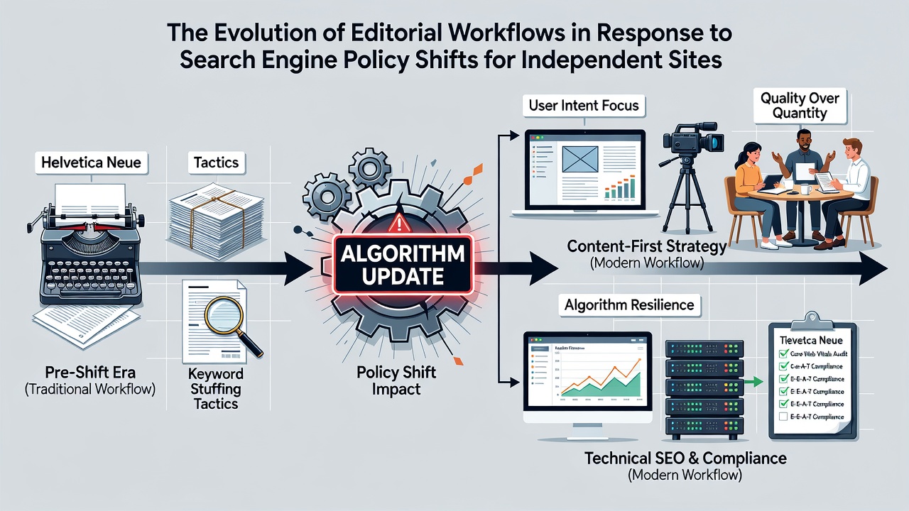 Team collaboration diagram illustrating updated review steps for independent site content teams after policy changes